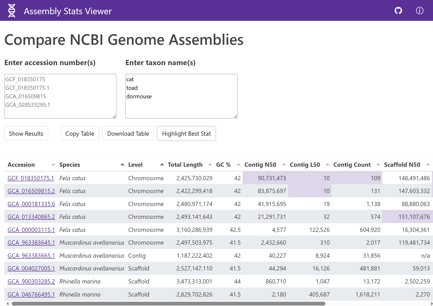 screenshot of Assembly Stats Viewer app