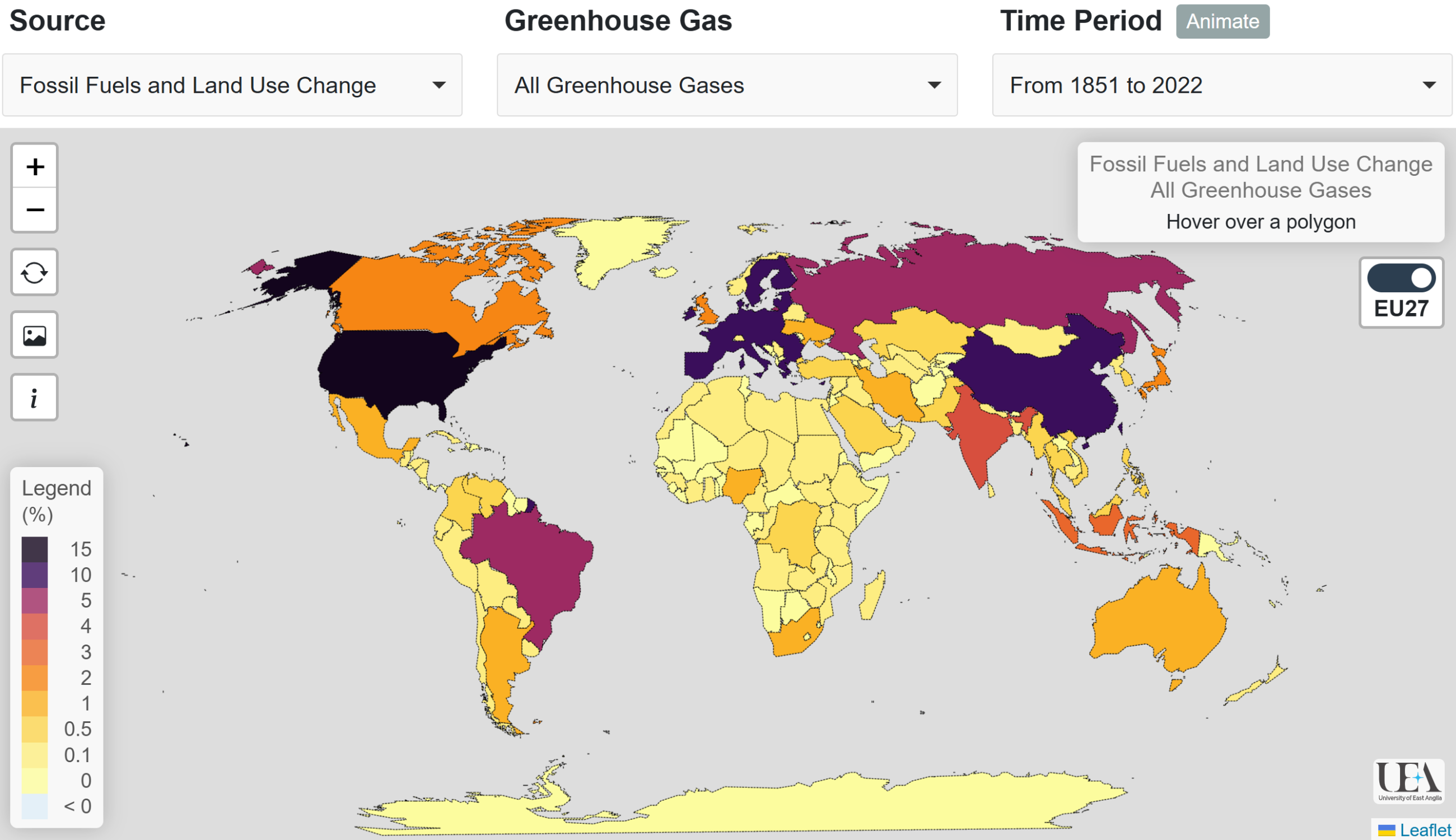 screenshot of UEA global warming map app