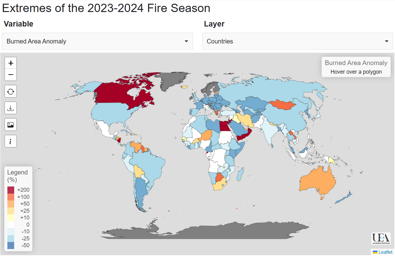 screenshot of UEA wildfires map app