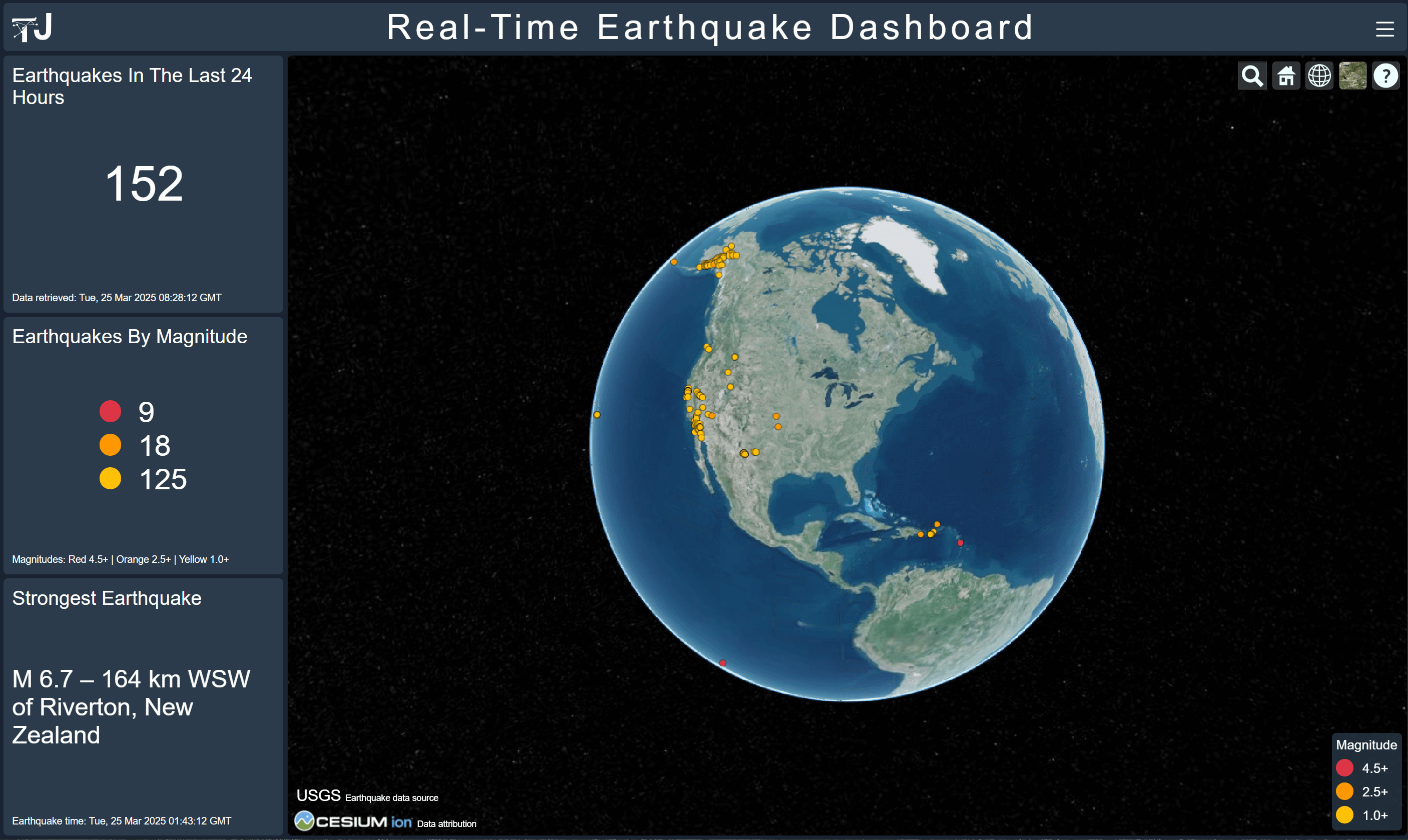 screenshot of real-time earthquake dashboard