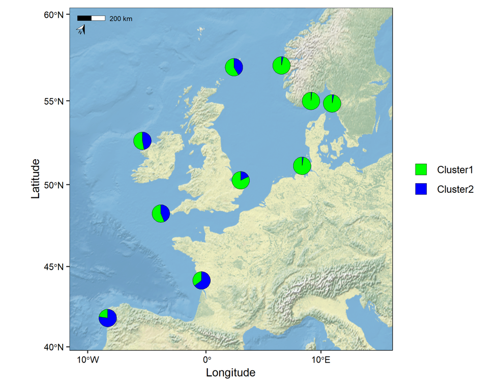 screenshot of an admixture map created using the mapmixture R package