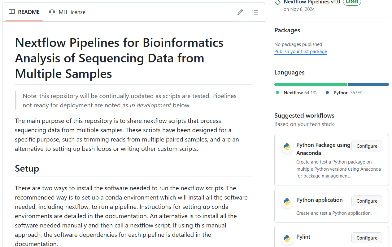 screenshot of nextflow pipelines GitHub repository